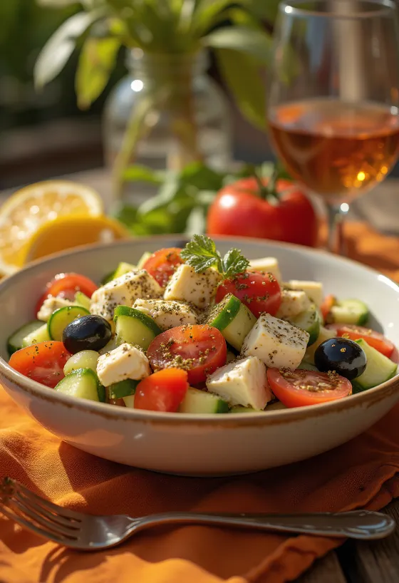 Griechischer Salat mit gebratenen Tofu-Würfeln
