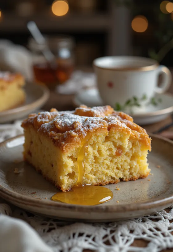 Goldbrauner Ingwerkuchen mit mürber Textur, mit Puderzucker bestäubt