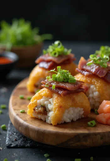 Inarizushi mit Bulgogi-Rindfleisch, serviert mit Nori-Algen und Sesam