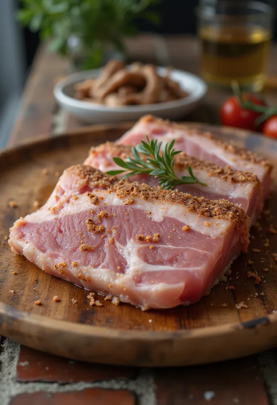 Gepökelter Schweinebauch auf einem Holzbrett serviert