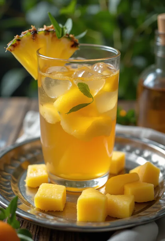 Tropischer Früchtetee im Glas serviert