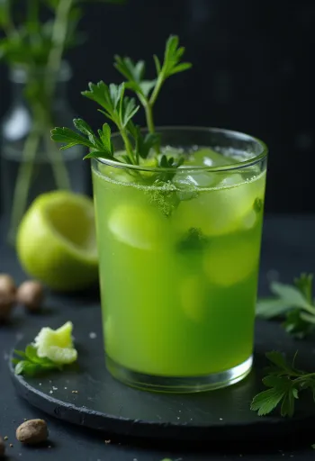 Selleriesaft im hohen Glas, dekoriert mit frischen Selleriestangen und Obst