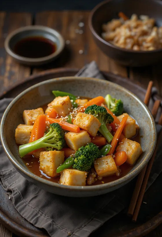 Bunter Wok mit knusprigem Tofu serviert