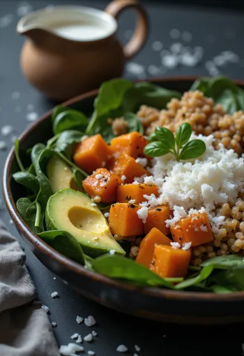Süßkartoffel-Buddha-Bowl mit Kokos serviert