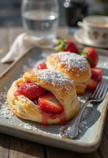 Frisch gebackener, knuspriger Erdbeerstrudel mit Puderzucker bestreut.