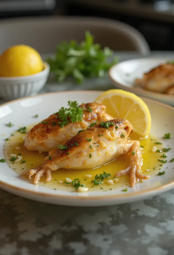 Froschschenkel in Knoblauchbutter serviert mit frischer Petersilie und Zitrone.