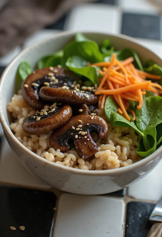 Pilz-Buddha-Bowl vegan serviert