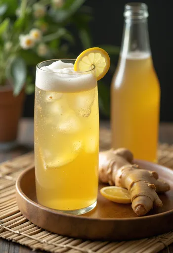 Ingwerbier mit Zitrone und Eis serviert