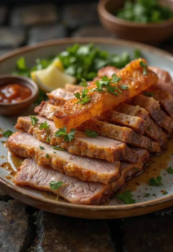 Hornado de Cerdo serviert mit würziger Marinade und frischem Koriander