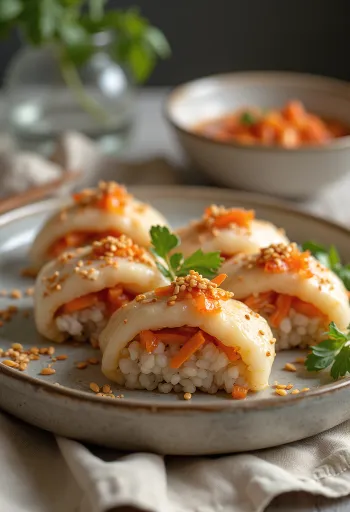 Inarizushi mit Kimchi, reiches und würziges japanisches Gericht, mit Sesam bestreut