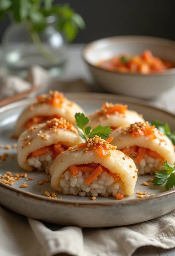 Inarizushi mit Kimchi, reiches und würziges japanisches Gericht, mit Sesam bestreut