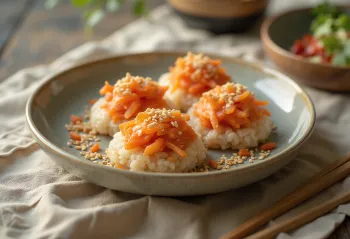Inarizushi mit Kimchi, reiches und würziges japanisches Gericht, mit Sesam bestreut