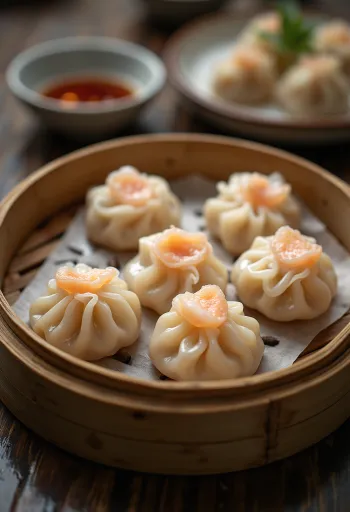 Chinesische Kristall-Dumplings (Har Gow) mit durchscheinendem Teig, serviert im Bambusdämpfer