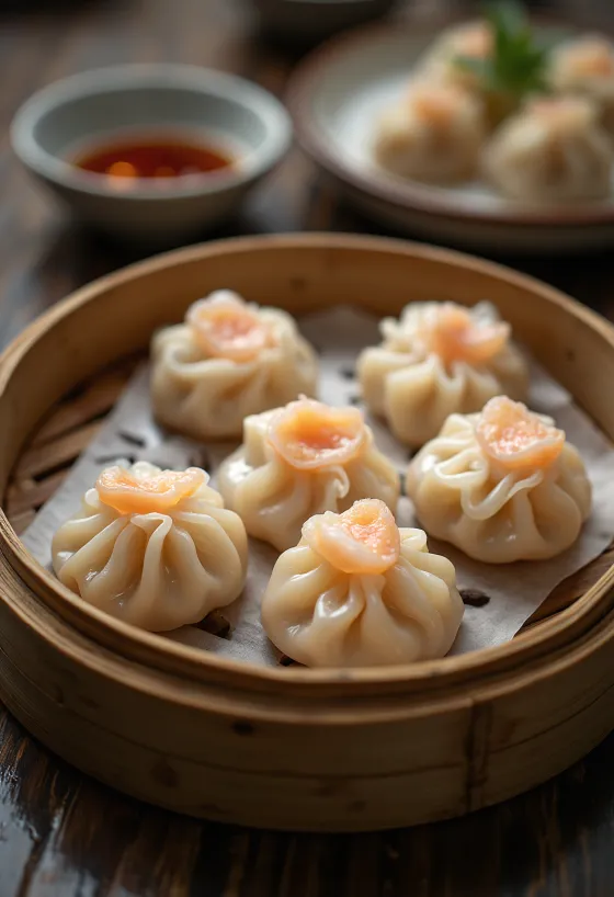 Chinesische Kristall-Dumplings (Har Gow) mit durchscheinendem Teig, serviert im Bambusdämpfer