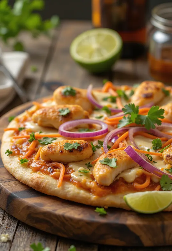Thai Chicken Pizza mit Erdnusssauce und Koriander