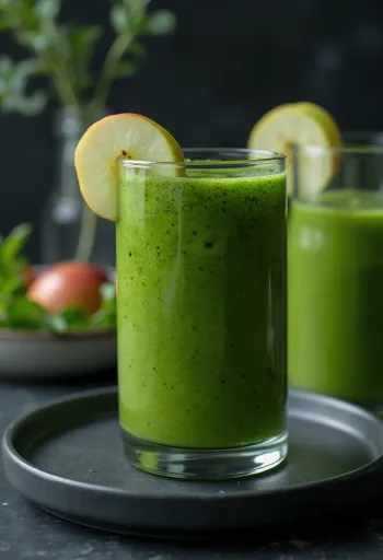 Grüner Smoothie im hohen Glas, dekoriert mit frischem Gemüse und Obst