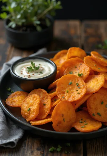 Süßkartoffel-Chips mit würzigem Dip serviert