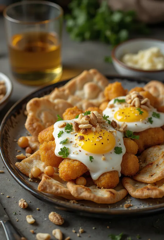 Fatteh mit gebratenen Auberginenwürfeln, Pita, Kichererbsen und Tahini-Joghurt.