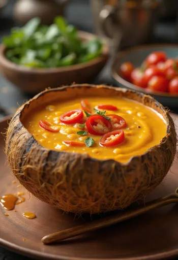 Pikante Chili-Kokos-Sauce in einer Schale mit frischem Koriander und Chilirigen.