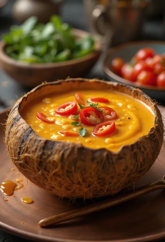 Pikante Chili-Kokos-Sauce in einer Schale mit frischem Koriander und Chilirigen.