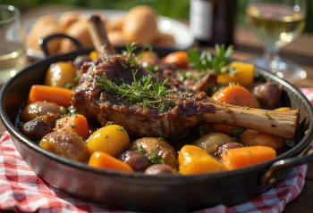 Hornado de Cordero, gebratenes Lammfleisch und Gemüse