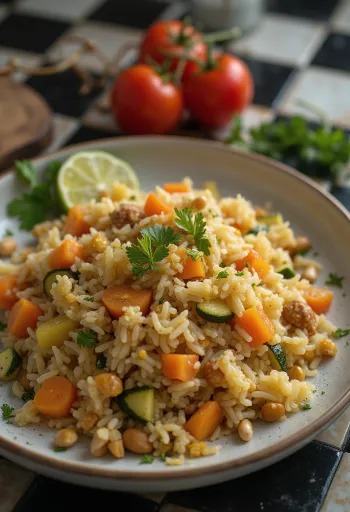 Vegetarisches Kabsa mit buntem Gemüse, serviert mit frischem Koriander