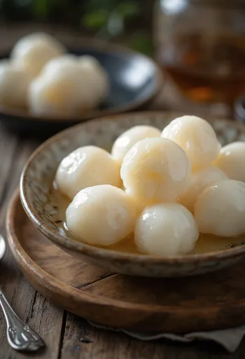 Chinesische Tang Yuan Suppenklößchen serviert in süßem Sud, weiße Bällchen