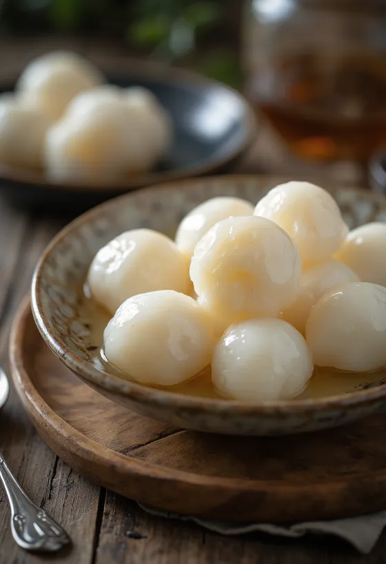 Chinesische Tang Yuan Suppenklößchen serviert in süßem Sud, weiße Bällchen