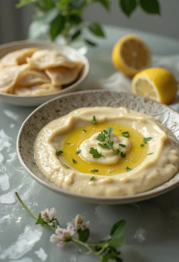Tahini-Zitronen-Sauce mit Pita und gegrilltem Gemüse
