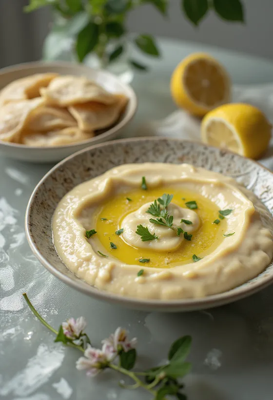 Tahini-Zitronen-Sauce mit Pita und gegrilltem Gemüse
