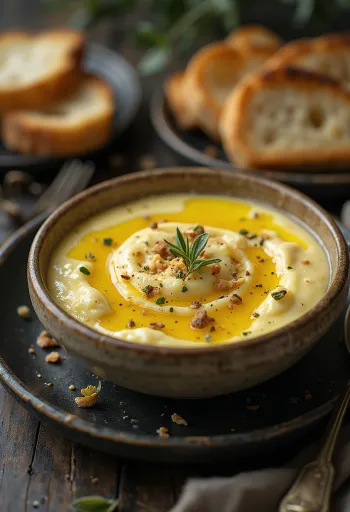 Auberginencreme mit weicher und cremiger Konsistenz, serviert mit frischen Kräutern und Olivenöl