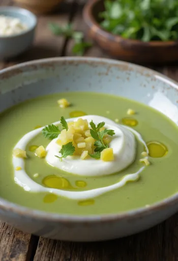 Lauch-Cremesuppe mit Joghurt serviert, dekoriert mit Lauchringen und frischer Petersilie