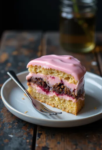 Bunte Punschschnitten mit rosa Glasur und weichen Biskuit-Schichten