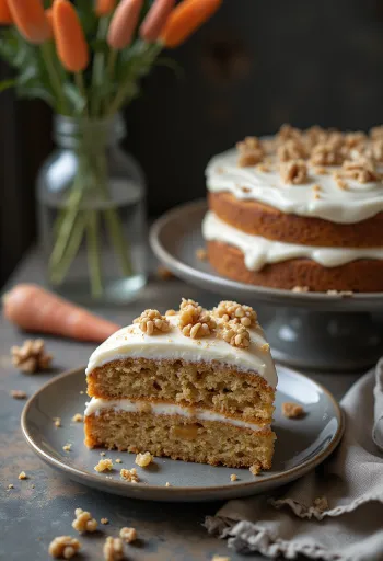 Karottenkuchen mit Frischkäseglasur, Walnüssen und geriebenen Karotten dekoriert