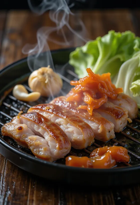 Samgyeopsal serviert mit Salatblättern und Kimchi