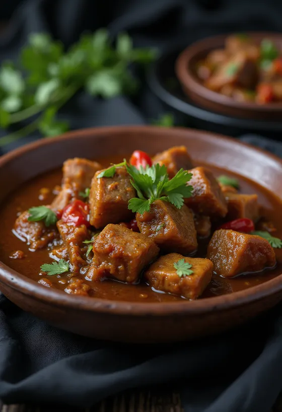 Sarapatel mit Schweineleber, reich an Gewürzen und mit Kokosmilch zubereitet