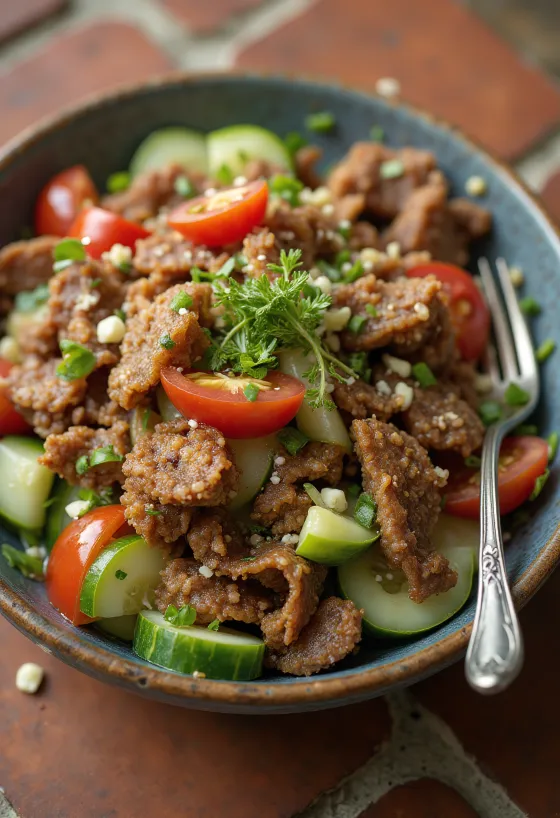 Taschkent-Salat mit Rindfleisch, frischem Gemüse und Koriander