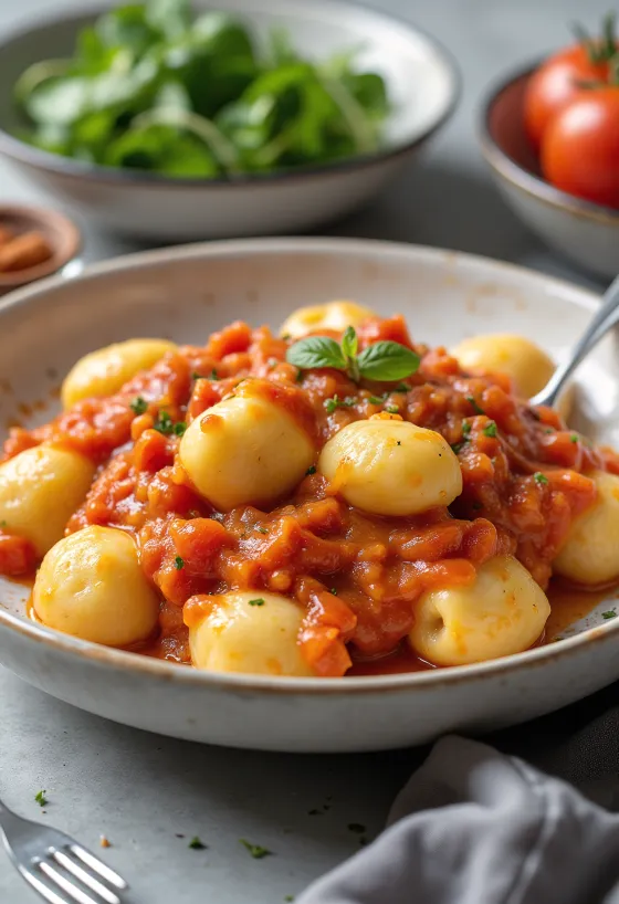 Vegane Gnocchi mit Tomatensauce auf einem Teller