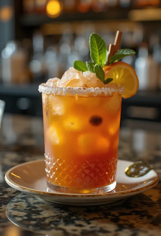 Zombie Cocktail garniert mit Minzblättern und Orangenscheibe