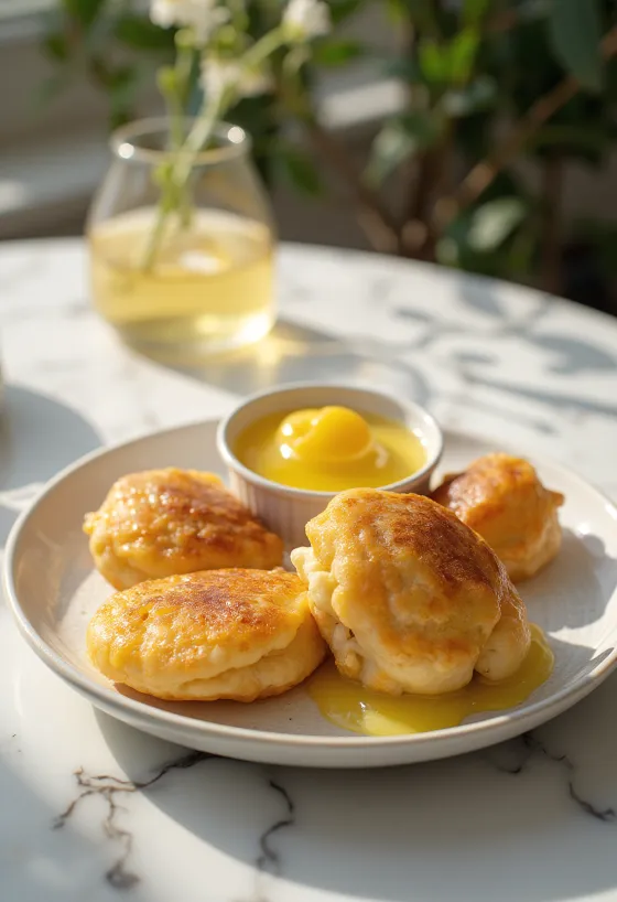 Æbleskiver mit Zitronencreme, frische und runde Bällchen, garniert mit Zitronensauce