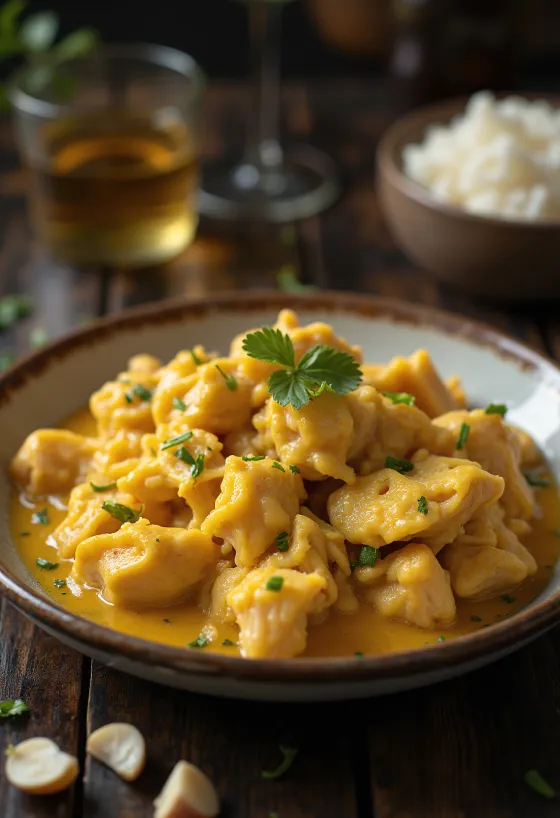 Ají de Gallina mit Knoblauch, serviert mit saftigem Hähnchenfleisch und reichhaltiger Sauce.