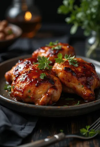 BBQ-Hähnchenschenkel im Ofen gebacken, serviert mit Bratkartoffeln