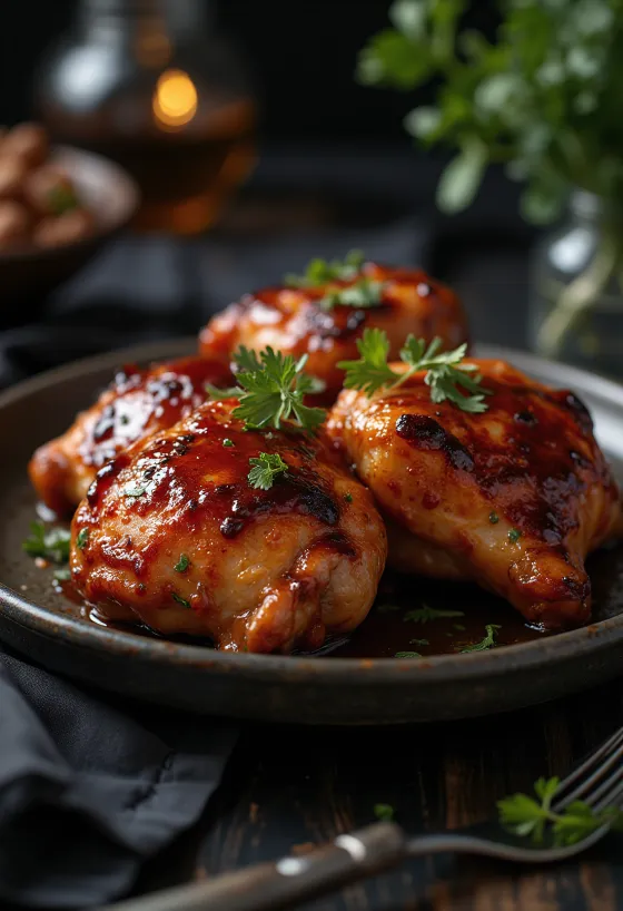 BBQ-Hähnchenschenkel im Ofen gebacken, serviert mit Bratkartoffeln
