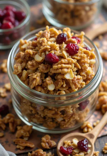 Hausgemachtes Granola mit knusprigen Haferflocken, Nüssen und Trockenfrüchten