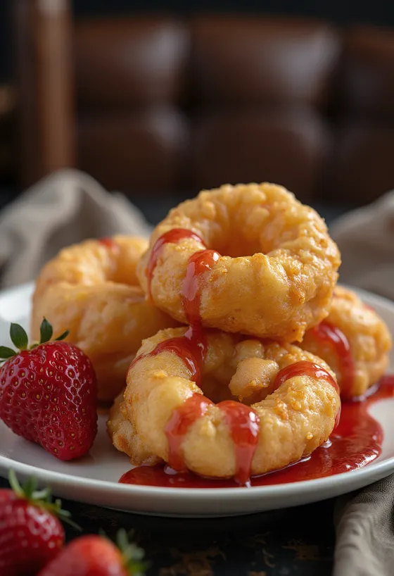 Loukoumades mit Erdbeermarmelade, goldbraune Bällchen mit roter Marmelade übergossen und Puderzucker bestäubt