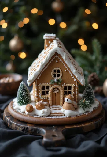 Lebkuchenhaus mit bunter Dekoration und Zuckerguss