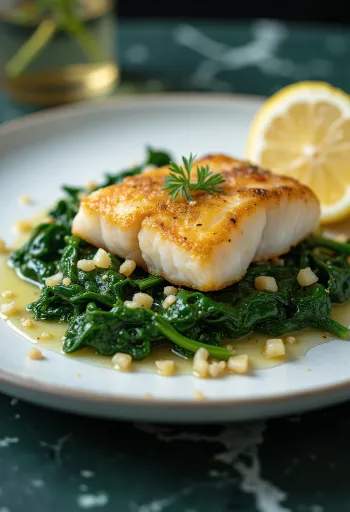 Gebratener Fisch mit Knoblauch-Spinat serviert