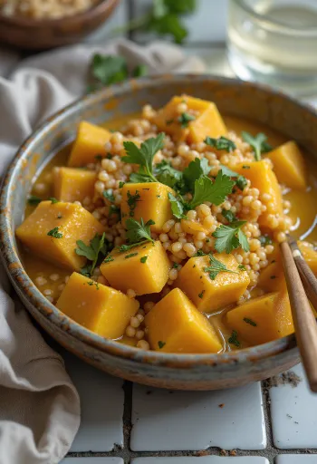Kürbis-Wok mit Curry-Quinoa, Tofu und Tahini serviert