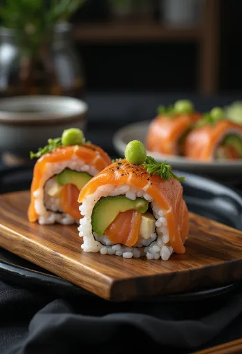 Temaki mit Lachs, Sushi-Tüte mit frischem Lachs, Avocado und Wasabi