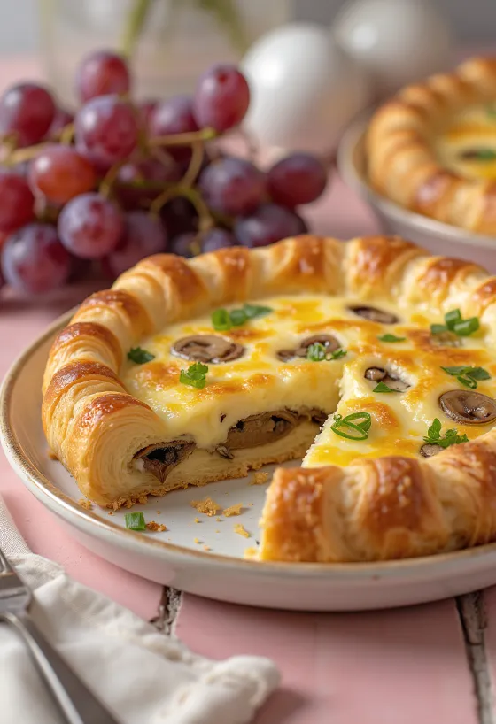 Geschnittene Quiche aus buttrigem Croissant-Teig